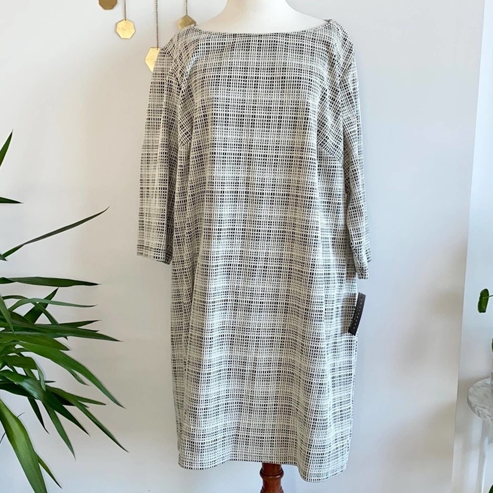 Sharagano 24W 3X Black Ivory Print Knit Shift Dress Half Sleeve